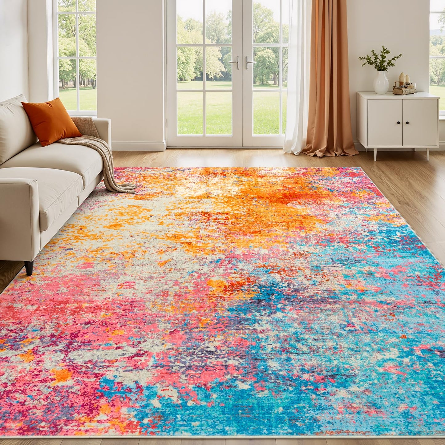 Rugflix 8x10 Area Rugs for Living Room, Colorful Rainbow Washable Rug Stain-Resistant Low Pile, Modern Large Carpet for Bedroom Dining Room Home Office Kids Room Nursery