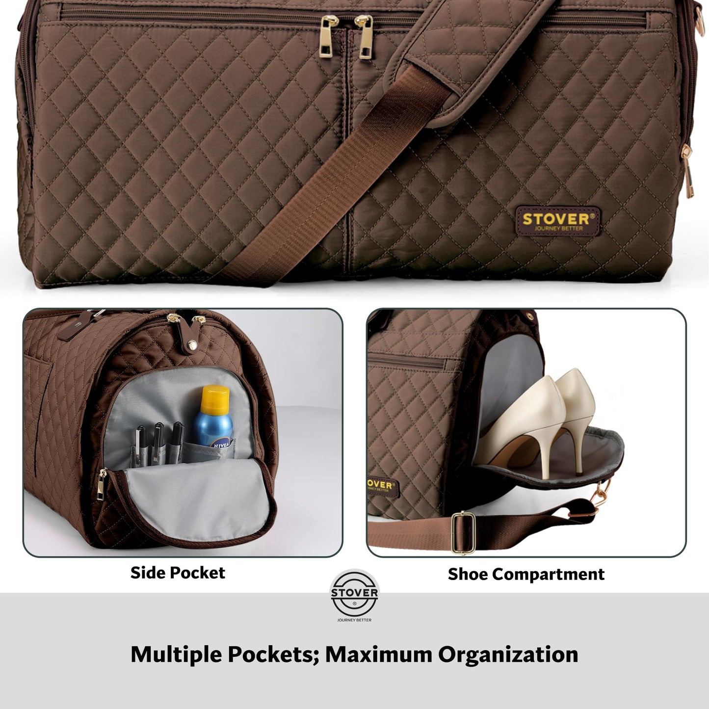 STOVER Women’s Convertible Garment Duffel Bag for Travel – 2-in-1 Carry-On Weekender/Overnight Tote - Wrinkle-Free Dresses, Suits & Clothes + Shoe Compartment & Bonus Toiletry Bag (Mocha Brown)