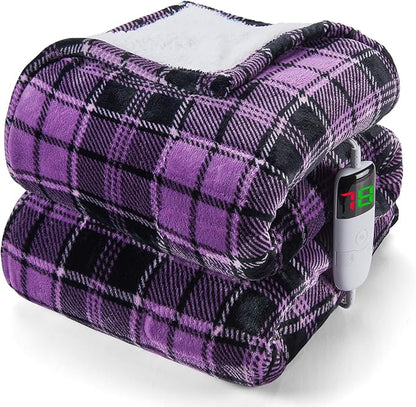 OCTROT Heated Blanket Electric, Twin Size 62X84, Heating Blanket with 10 Heating Levels & 8 Hours Auto Off, Purple Checkered Plaid Sherpa Blankets Warmer for Adults, Fast Heating and Washable