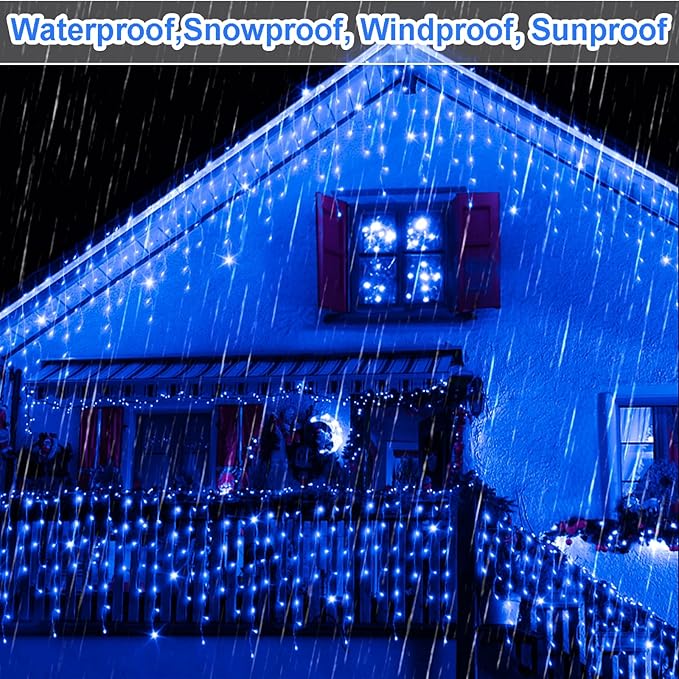 JXLEDAYY 65 FT 640 LED Christmas Lights Outdoor Decorations Clear Wire String Lights Plug in 120 Drops 8 Modes Memory Timer Connectable Curtain Fairy Lights Waterproof for Holiday Wedding Party-Blue