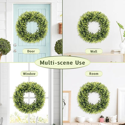 24 Inch Large Boxwoods Green Spring Artificial Wreath for Front Door, Year Round Spring Summer Winter Wreaths for Wall Window Porch Home Farmhouse Wedding Outdoor Outside Indoor Decorations