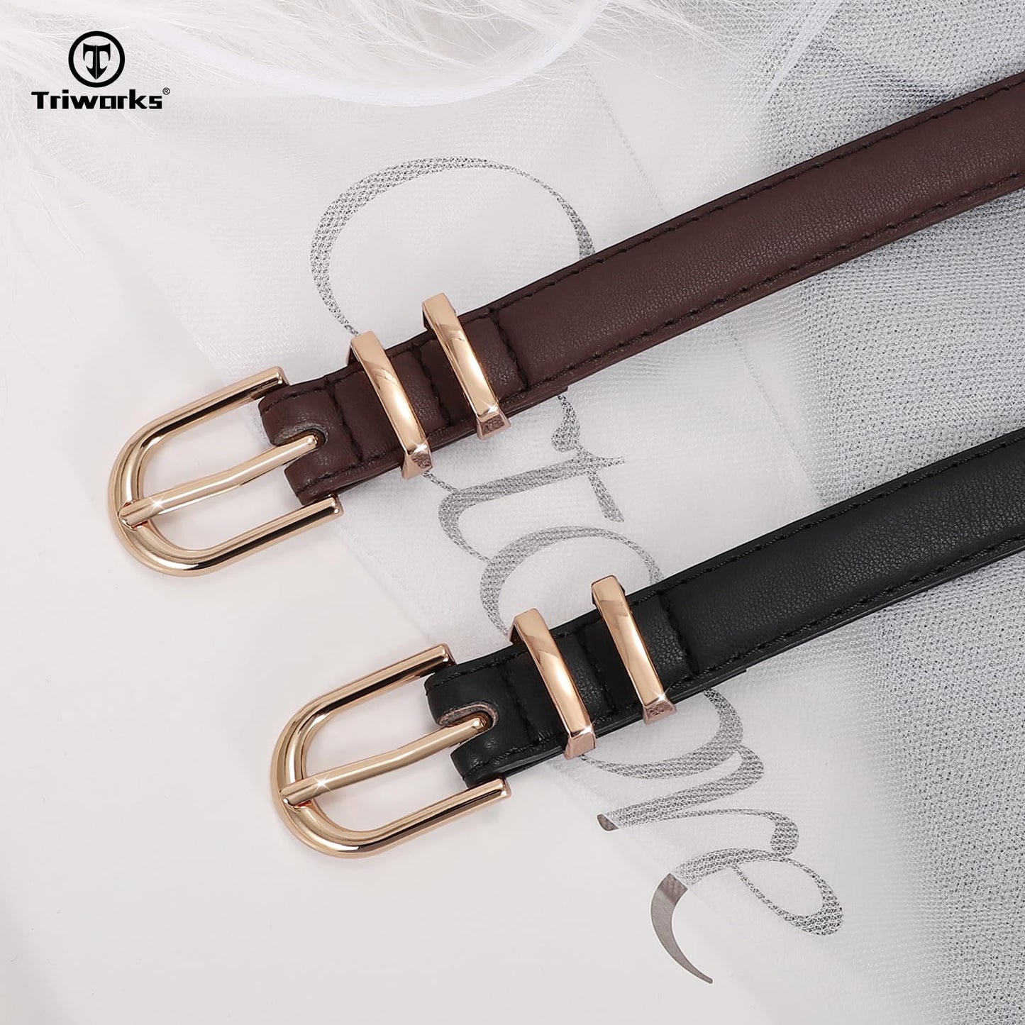 TRIWORKS 2 Pack Women Skinny Leather Belts for Jeans Pants Thin Faux Leather Belt with Gold Buckle
