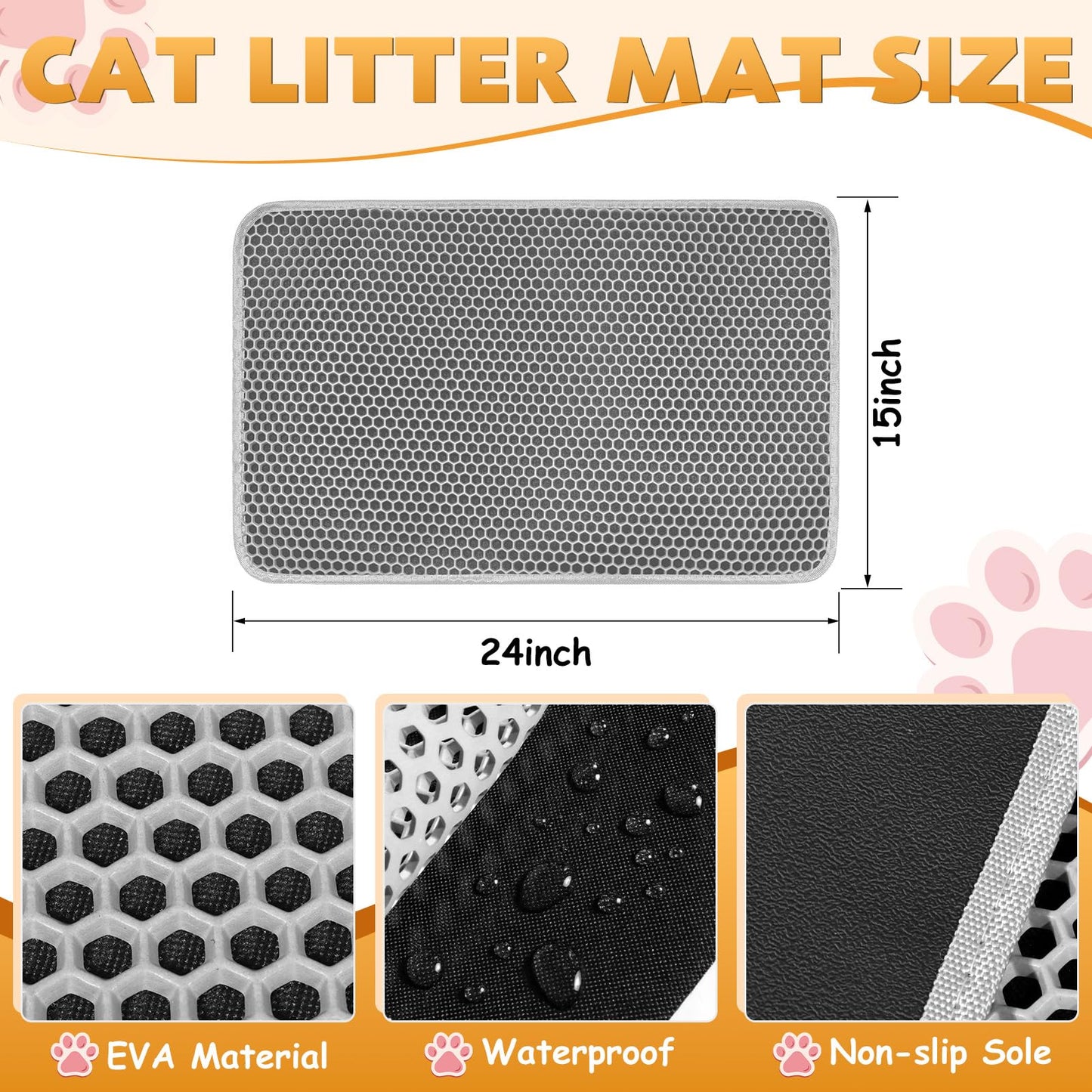 Kozvva Cat Litter Mat, Honeycomb Double Layer Waterproof & Urine Resistant Non-Slip Litter Trapping, Easy Clean Washable Scatter Control for Litter Box (Gray, 24x15 Inch)