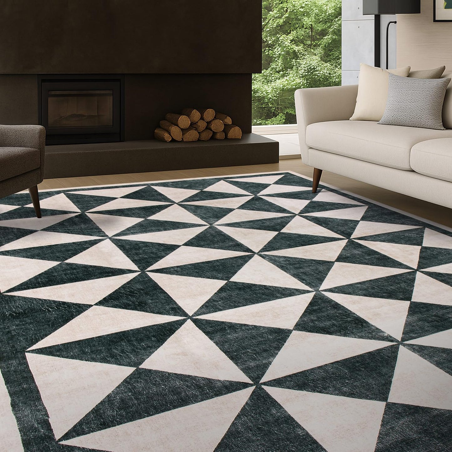 Rugshop Geometric Diamond Washable Non Slip Area Rug 5' x 7' Cream