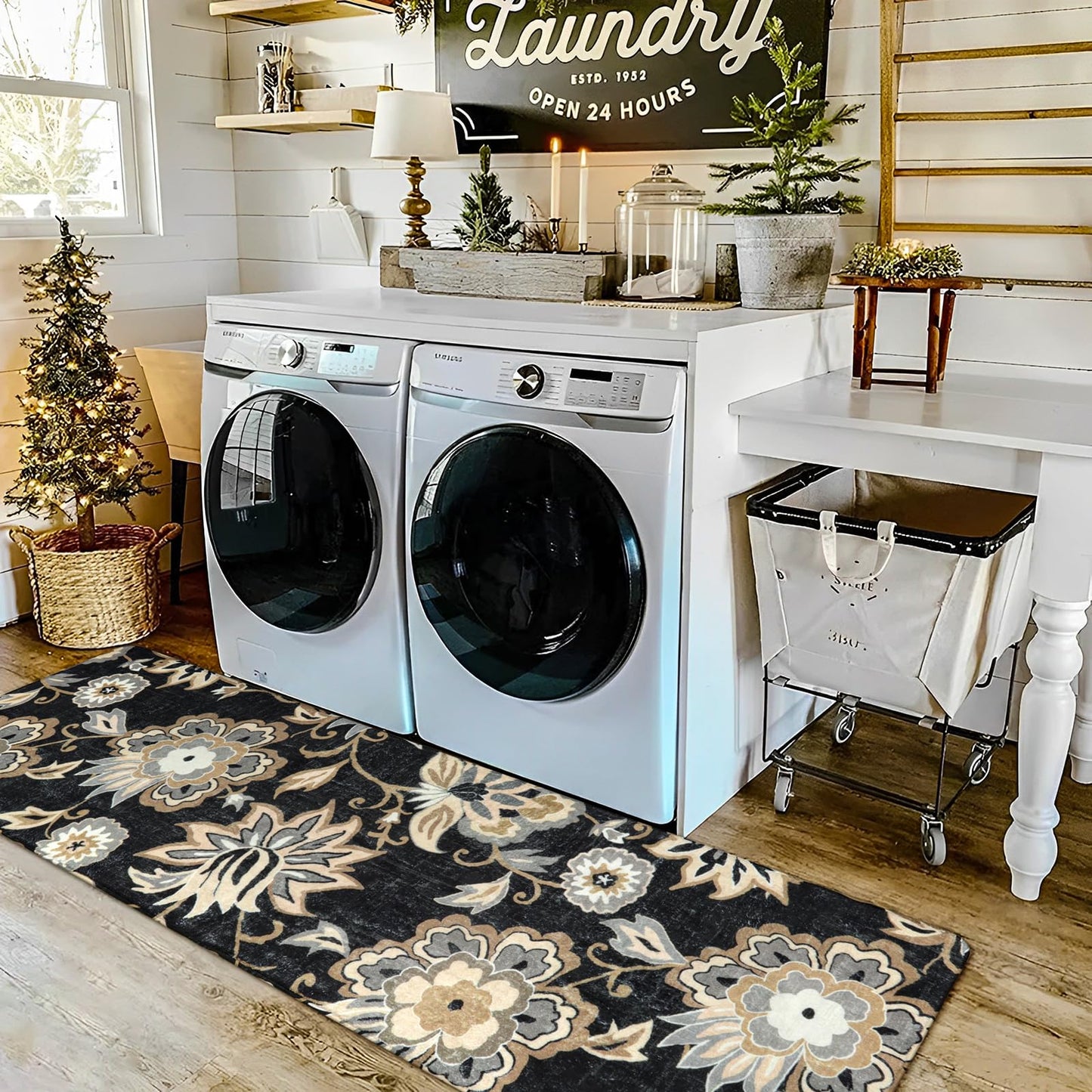 Lahome Floral Washable Runner Rug - 2x6 Runners for Hallways Non-Slip Low-Pile Kitchen Rug, Black Paisley Print Carpet for Laundry Bedroom Entryway （(2’X 6’, Blacak)