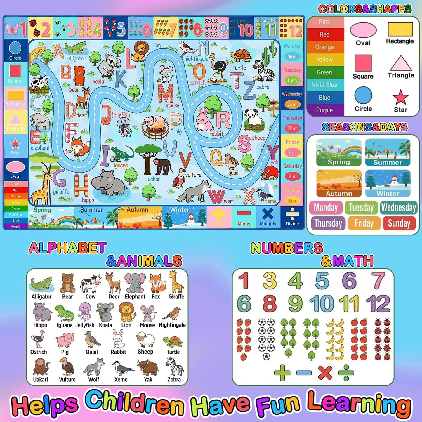 HBUFBUQ 4.5x6 Feet Kids Rugs for Playroom Bedroom, Educational ABC Alphabet Area Rug with Animals Numbers Seasons, Washable Play Mat for Classroom Nursery, Boys Girls Non Slip Learning Carpet