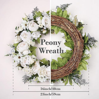 Peony Wreath 23" Floral Artificial Wreath for Front Door Wall Decor Home Décor Festival Celebration Wedding Party New Owners Seasonal Decoration Housewarming Gifts EZsenses (White)