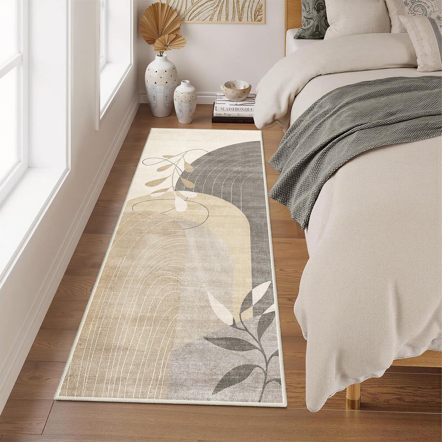 MUJOO Washable 2x6 Runner Rugs for Kitchen Hallway Bedside Bathroom Laundry Room Bedroom,Boho Long Area Rug Non Slip Carpet Throw Rug Mid Century Modern Abstract Botanical Geometric Neutral Beige