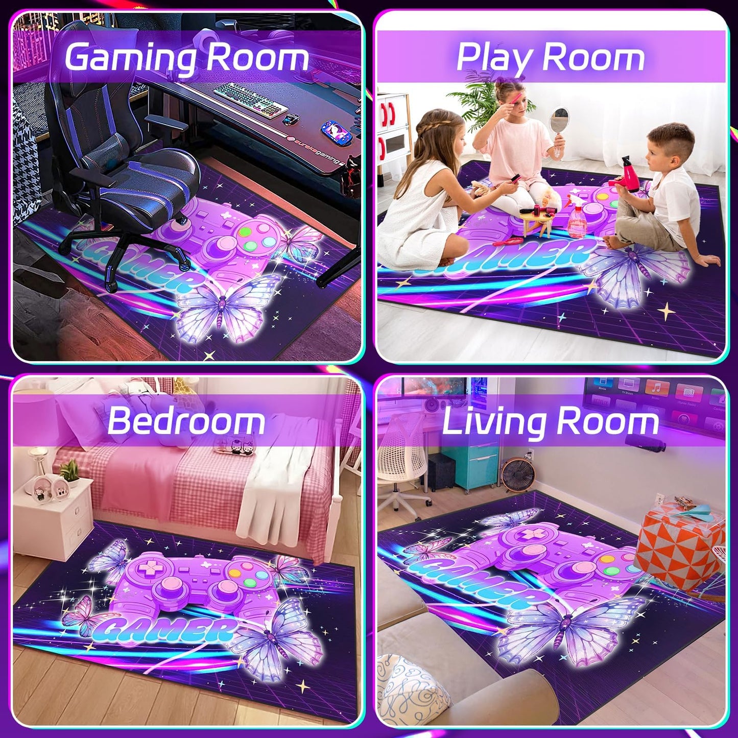 Gamer Area Rugs for Girls Bedroom, Dreamy Purple Butterfly Gaming Rug for Gamer Room, Teens Room,Girls Room, Kids Playroom, Dorm, Large Video Game Floor Mat Kids Rug Carpet for Bedroom Decor 71"x47"