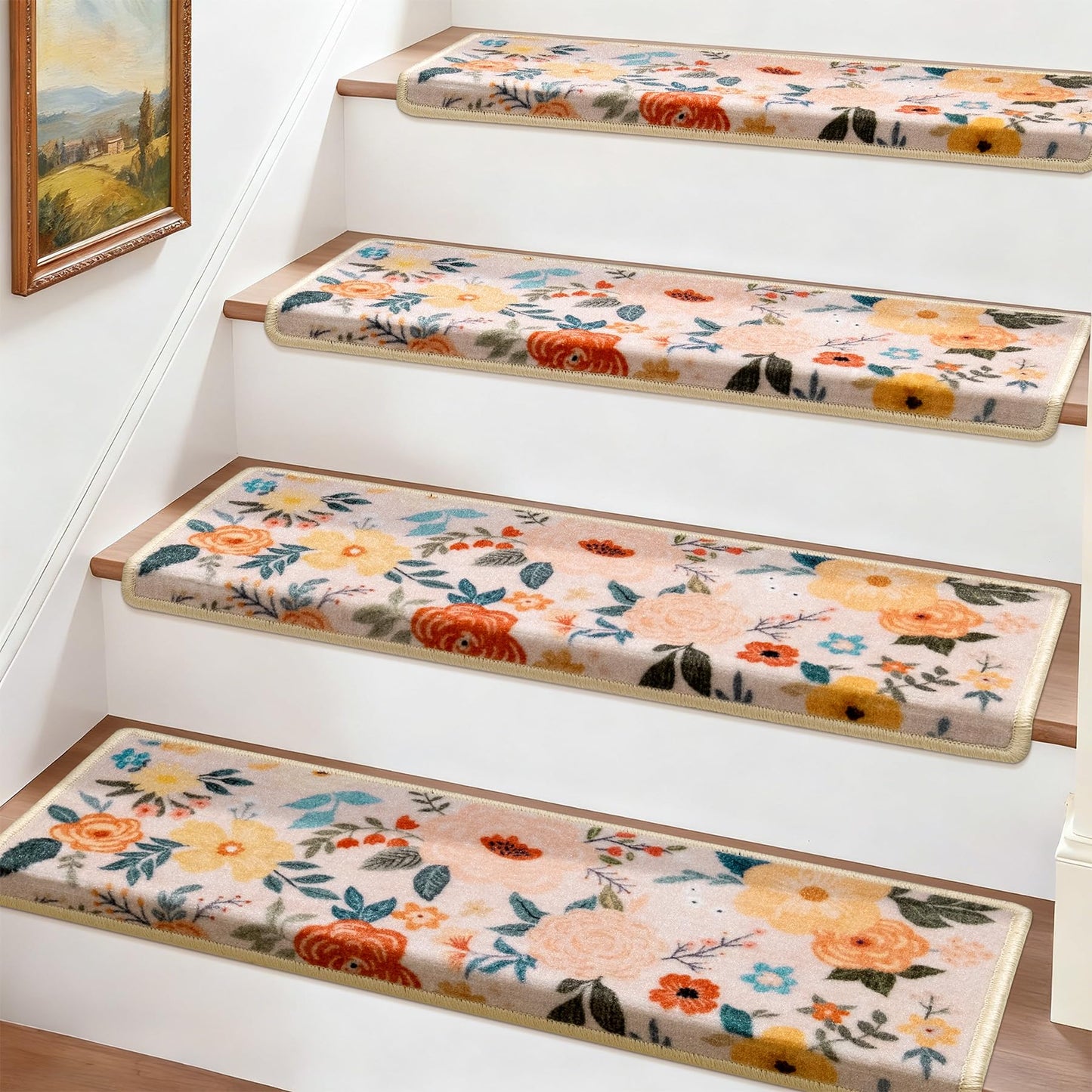 RORA Bullnose Stair Treads for Wooden Steps,Non-Slip Peel and Stick Stair treads Stair Carpet for Indoor Runner and Pets,Floral Stair Rugs,Soft Washable Staircase 7pcs 29.5 ''x9.5 ''x1.5 ''