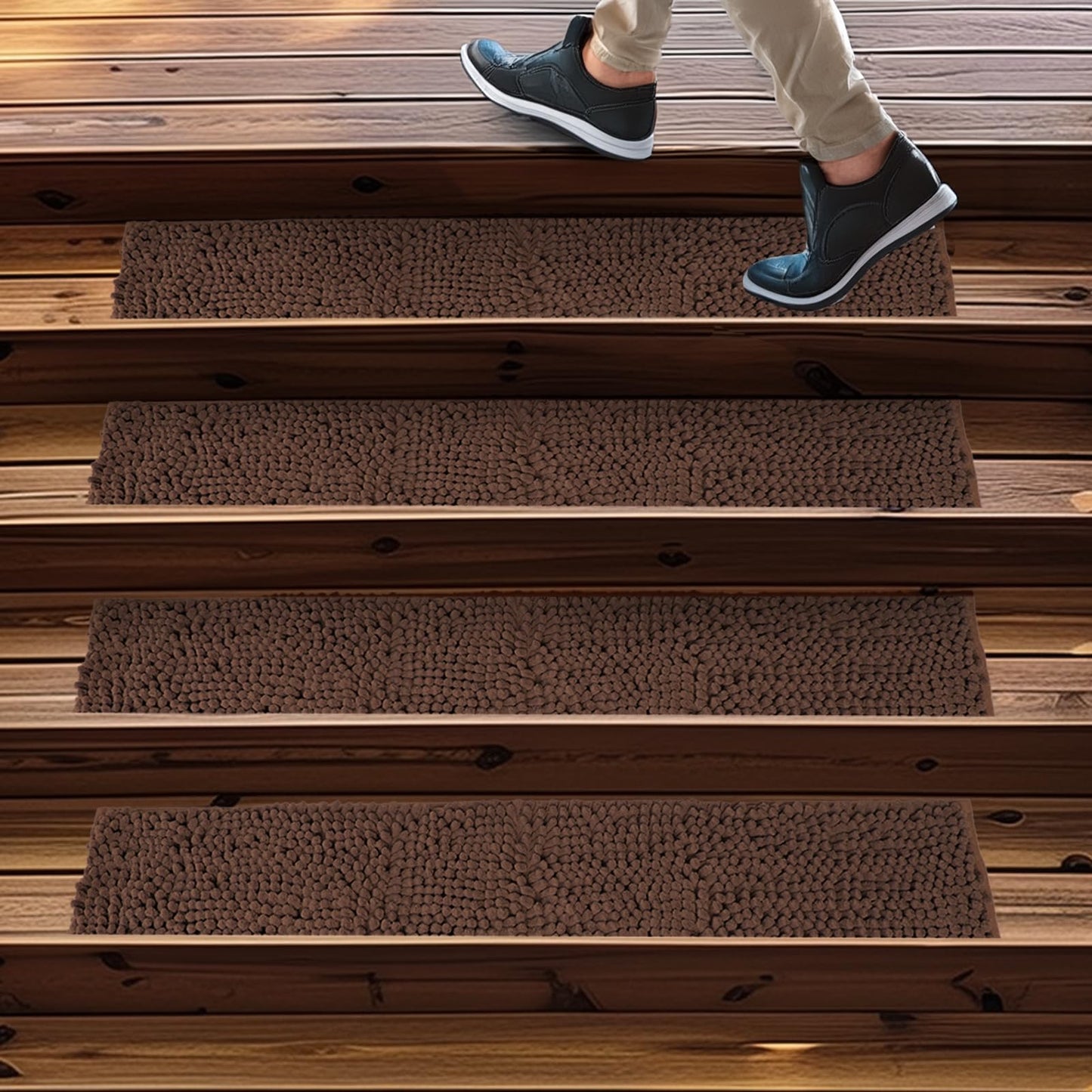 Muddy Mat® Pack of 12 - Soft Chenille Stair Treads Non-Slip Reusable, Super Absorbent Stair Treads for Wooden Steps, Tile & Marble Floor, Easy to Install & Machine Washable - Brown 30'' x 7''