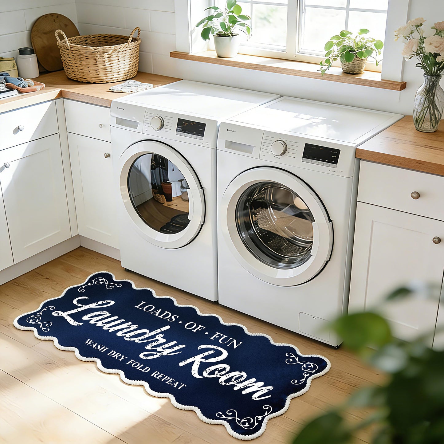 Laundry Runner Rug 20″x47″, Dark Blue Scalloped Non-Slip Washable Laundry Mat with TPE Backing – Soft Cushioned for Laundry Room Organization & Farmhouse Decor, Ideal for Kitchen, Mudroom & Bathroom