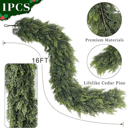 16FT Real Touch Cedar Garland for Fireplace - Artificial Christmas Garlands Realistic Faux Greenery Fake Pine Needles Garland for Holiday,Table, Window,Mantel,Stairs, Home,Indoor Outdoor Decor (1PCS)