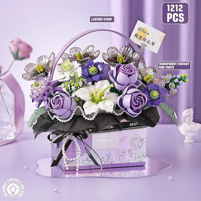 MEIEST Flower Bouquet Building Blocks Model SetSimulation Artificial Rose Handheld Gift BoxBonsai Plant Building Bricks ToysHome Decor (Mist Purple)