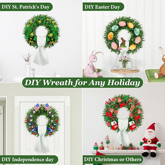Boxwood Wreaths for Front Door 18-20'', UV Resistant Leaves with White Flower Core, Artificial Green Wreath with a Sash for Farmhouse Wedding Outdoor Indoor Hanging Decor All Seasons
