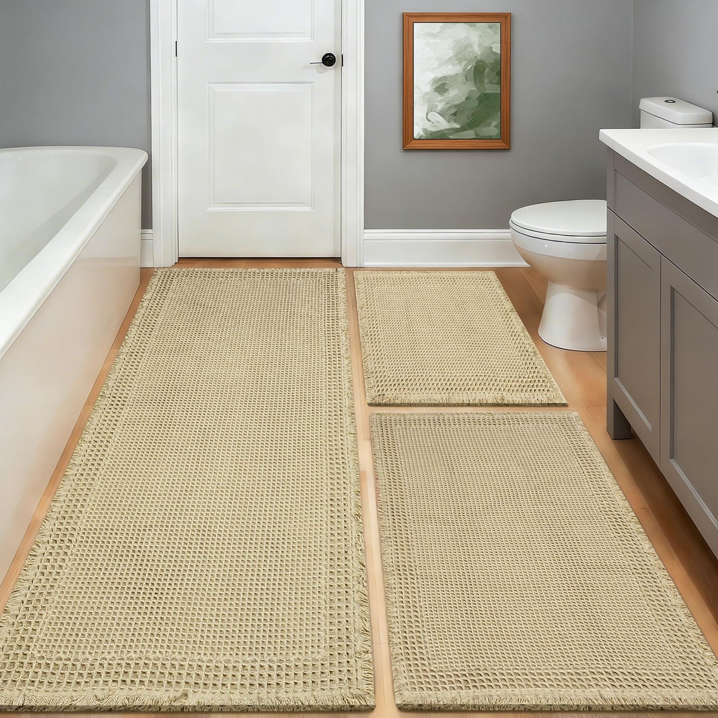 Waffle Bath Mat, Modern Woven Absorbent Non Slip Bathroom Rugs, Machine Washable Bath Rugs, Quick-Drying Bathroom Mats, Boho Tassel Style Suitable For Bathroom Floor, Brown, 24"X17"+36"X24"+48"X24"