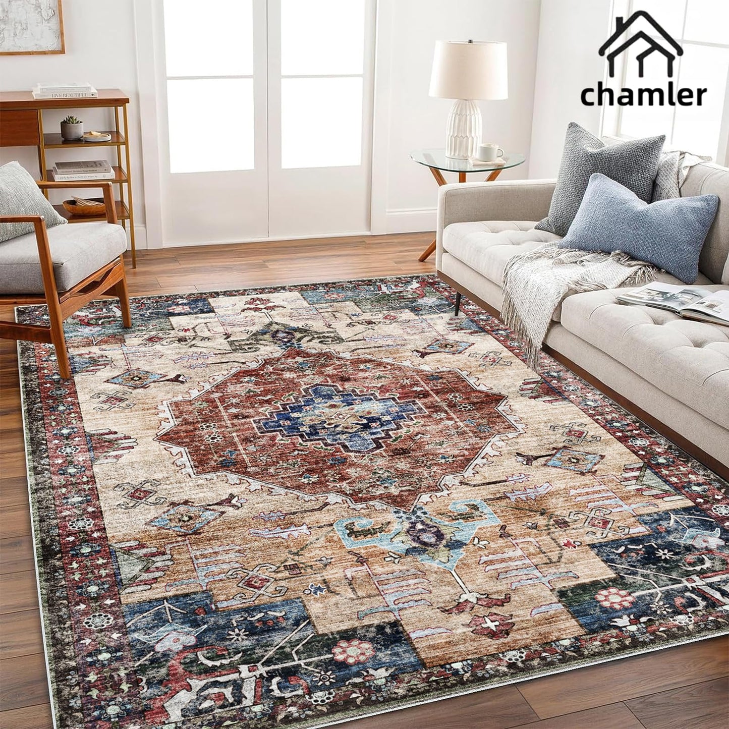 chamler 9x12 Washable Area Rug Boho Chic Medallion Distressed Design Non-Shedding Easy Care Ideal for High Traffic Areas in Rugs for Living Room Bedroom Office Coffee Table Large Carpet