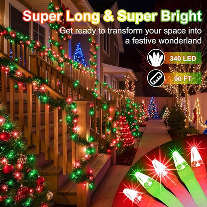 340 LED 90FT Christmas String Lights Outdoor, 12 Pro Modes and Timer Memory & Brightness, Plug in Outdoor Waterproof Clear Wire Twinkle Light for for Xmas Yard Tree Wedding Party Decor (Red & Green)