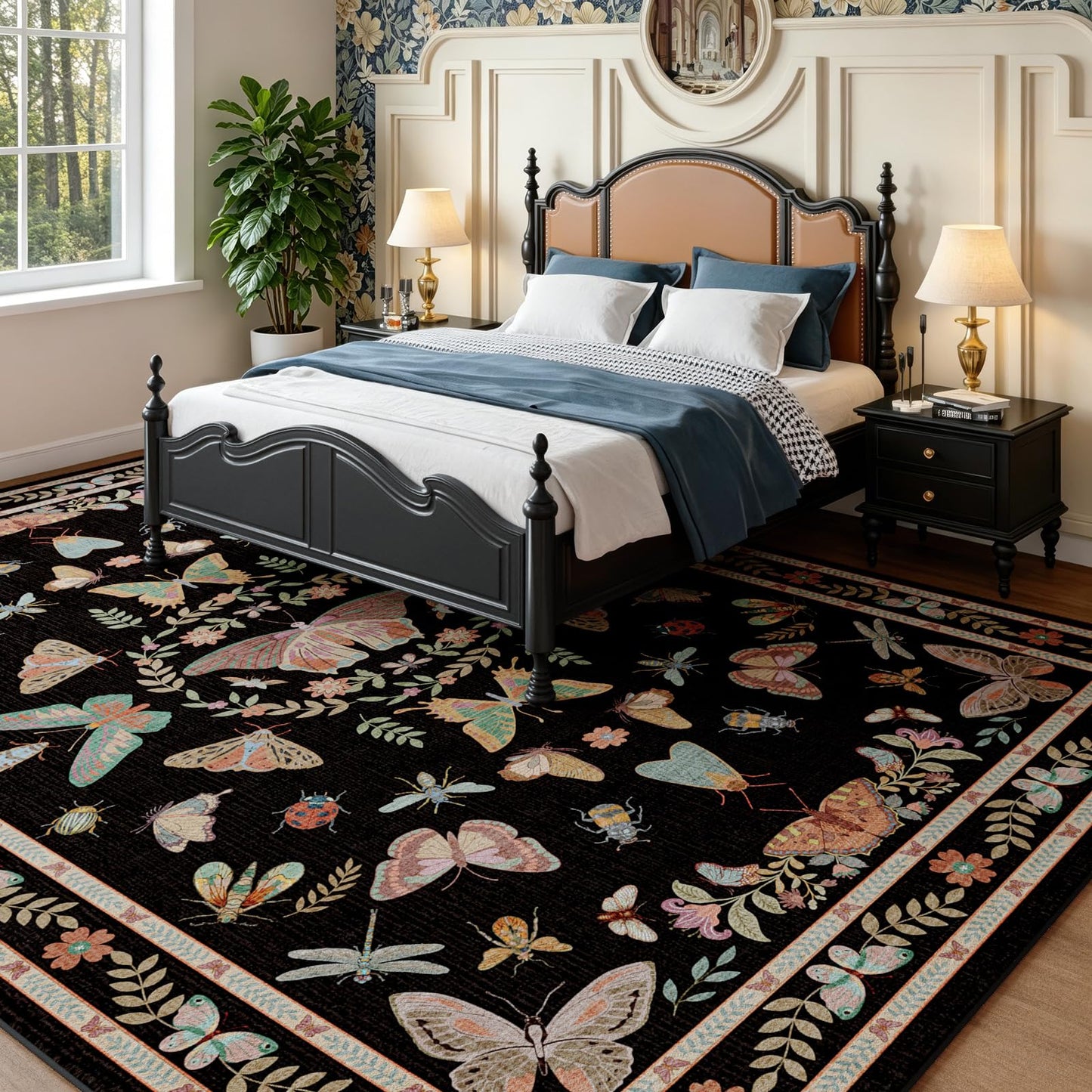 Unirea 8x10 Black Area Rug for Living Room Bedroom Under Bed, Large Washable Boho Insect Bug Rug, Non Silp Dining Room Under Table, Thin Soft Low Pile Stain Resistant Carpet for Home Office