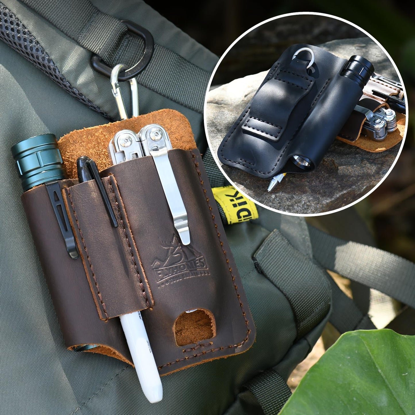 FLYHOMES Genuine Leather Multitool Sheath | Handmade Stitched EDC Belt Organizer for Leatherman Surge & Wave+ | Multi Tool Holster & Pen | Tools Pouch (Dark Brown)