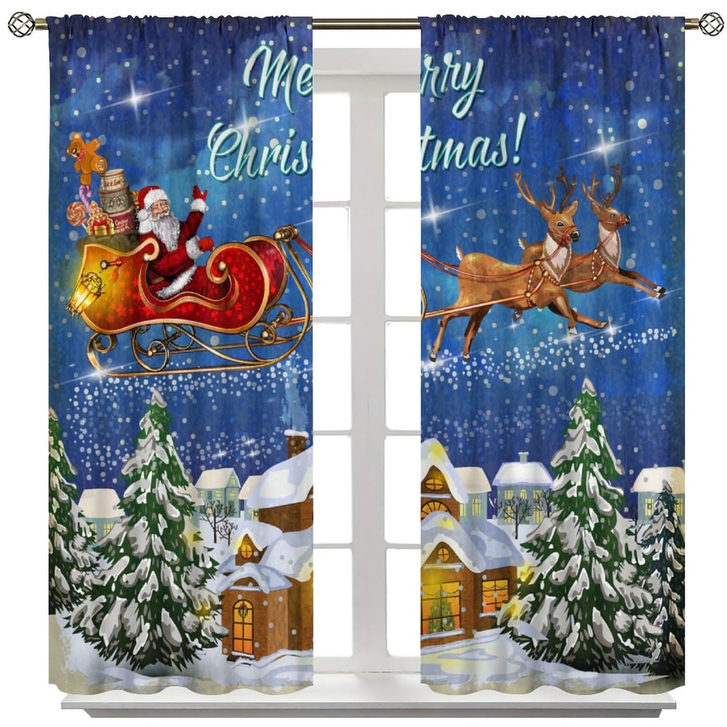 FengMingRui Christmas Curtains Santa Claus Sleigh Chimneys New Year Christmas Patterns Printed Window Treatment Bedroom Living Room Decoration Blackout Decor Window Drapes 52" W X 84" L