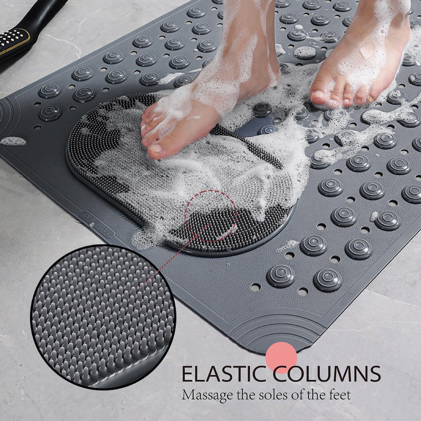 WohnWoll Bathtub and Shower Mats with Massage Brush, Non Slip Soft Bath Tub Mat with Suction Cups and Drain Holes for Bathroom Floor for Wet Areas, Quick Drying, 28x14 Inch, Gray