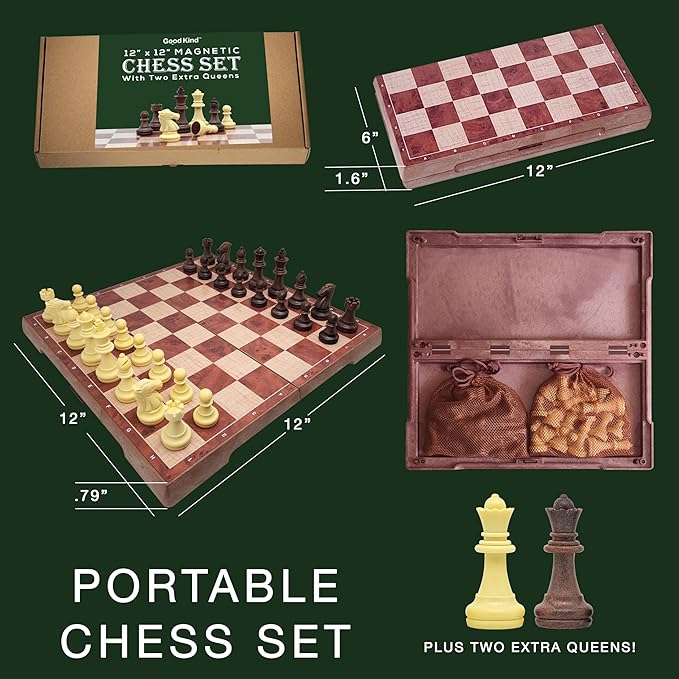 Magnetic Travel Chess Set for Kids and Adults. Portable 12 x 12 Chess Board Game for Beginner &amp Advance Players. Chess Sets for Adults with 2 Extra Queens &amp 2 Storage Bags for Chess Pieces.