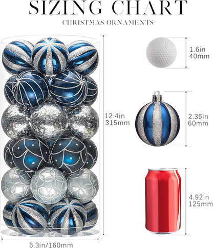 JORNOY Christmas Balls Ornaments, 30ct Shatterproof Xmas Tree Decorations, Hanging Bulbs Baubles Set with String for Holiday Home Party Decor, 2.36 inch/60mm, Navy Blue&Silver