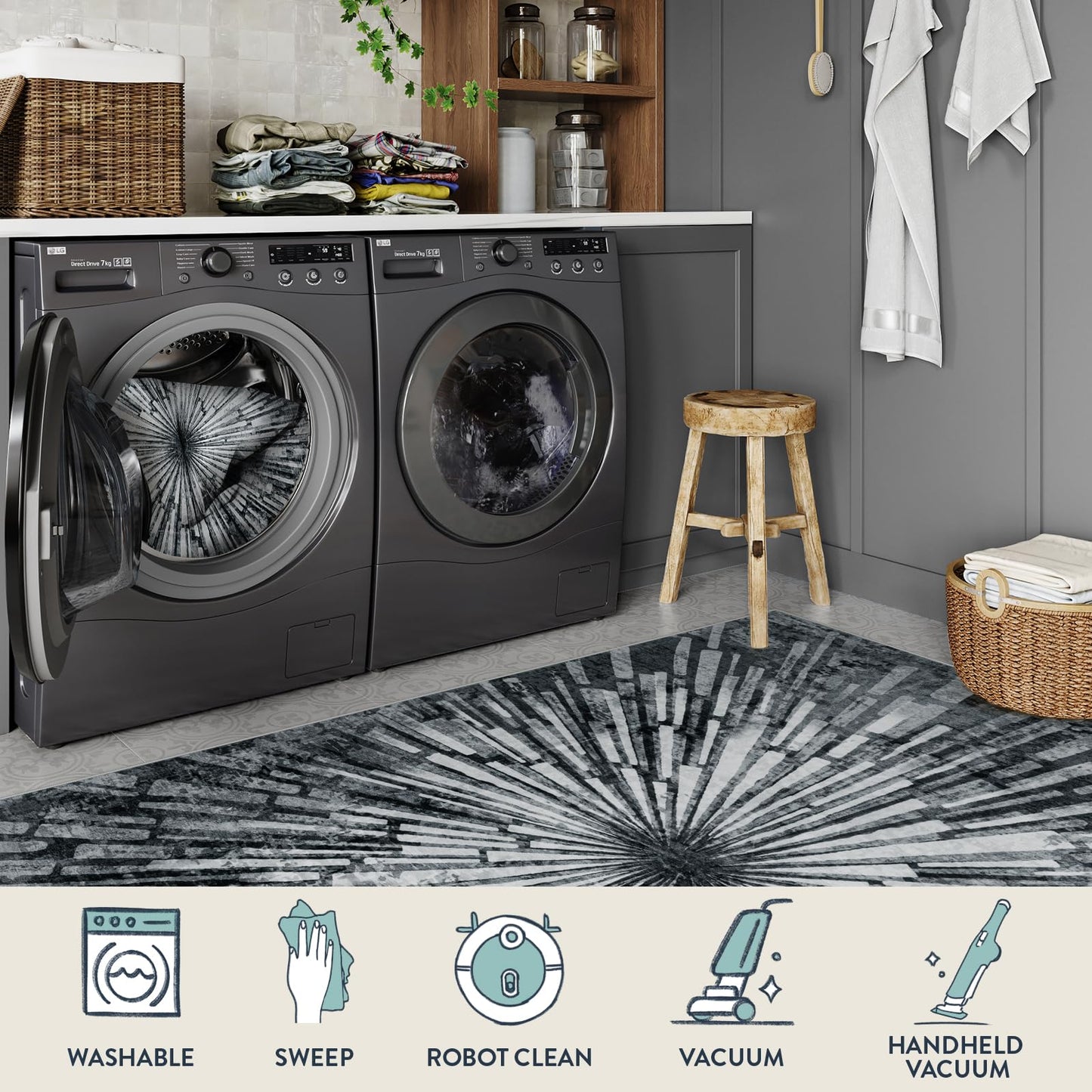 Lahome Manon Black 8x10 Rugs for Living Room, Modern Area Rugs Low Pile Soft Bedroom Rug, Washable Abstract Dining Room Rug Large Floor Carpet for Kids Playroom Nursery
