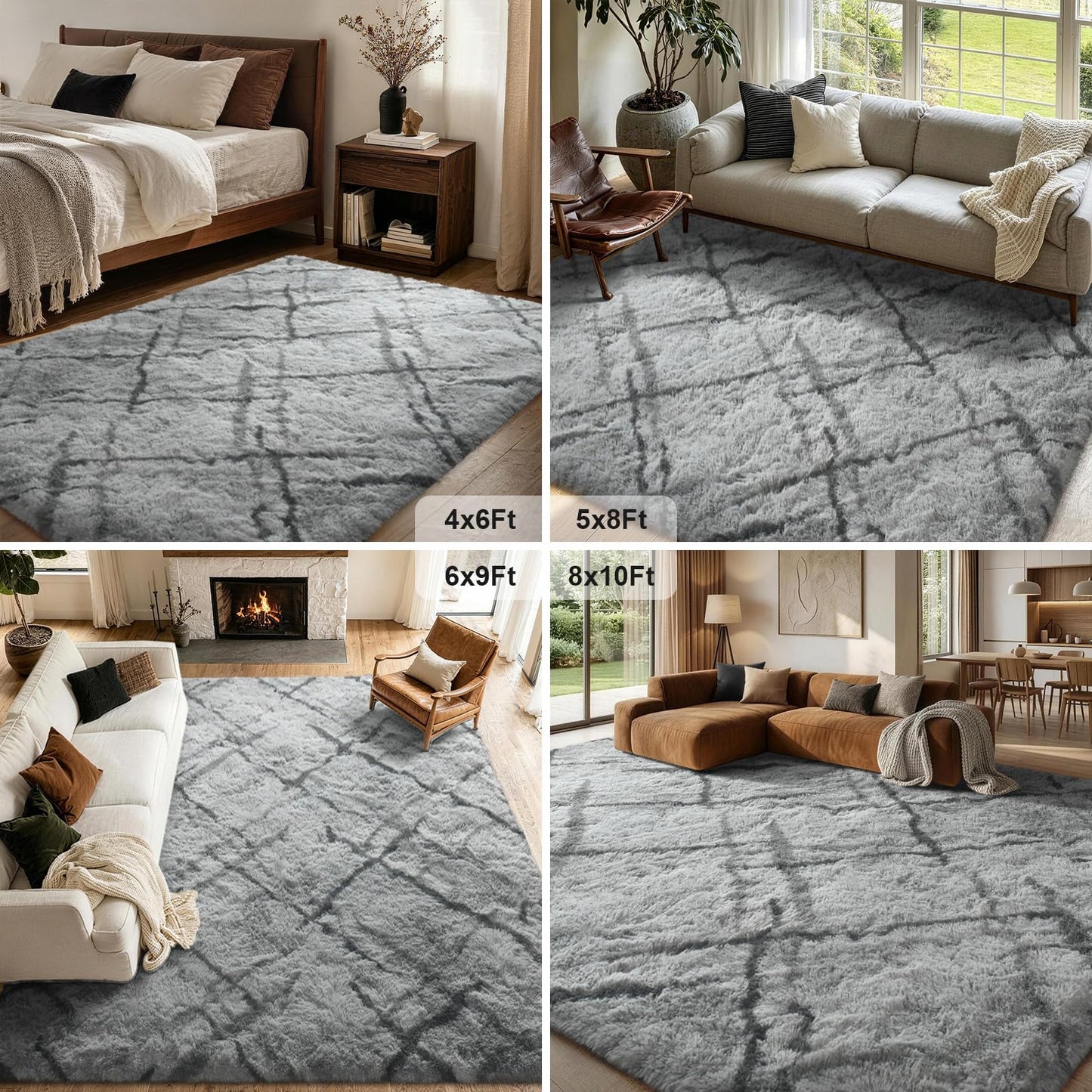 FinRèc Area Rugs for Bedroom Living Room, 4x6 Feet Fluffy Shaggy Rug, Non-Slip Soft Shag Rug for Nursery Kids Room Dorm Room Home Decor, Indoor Plush Floor Carpet Star Grey