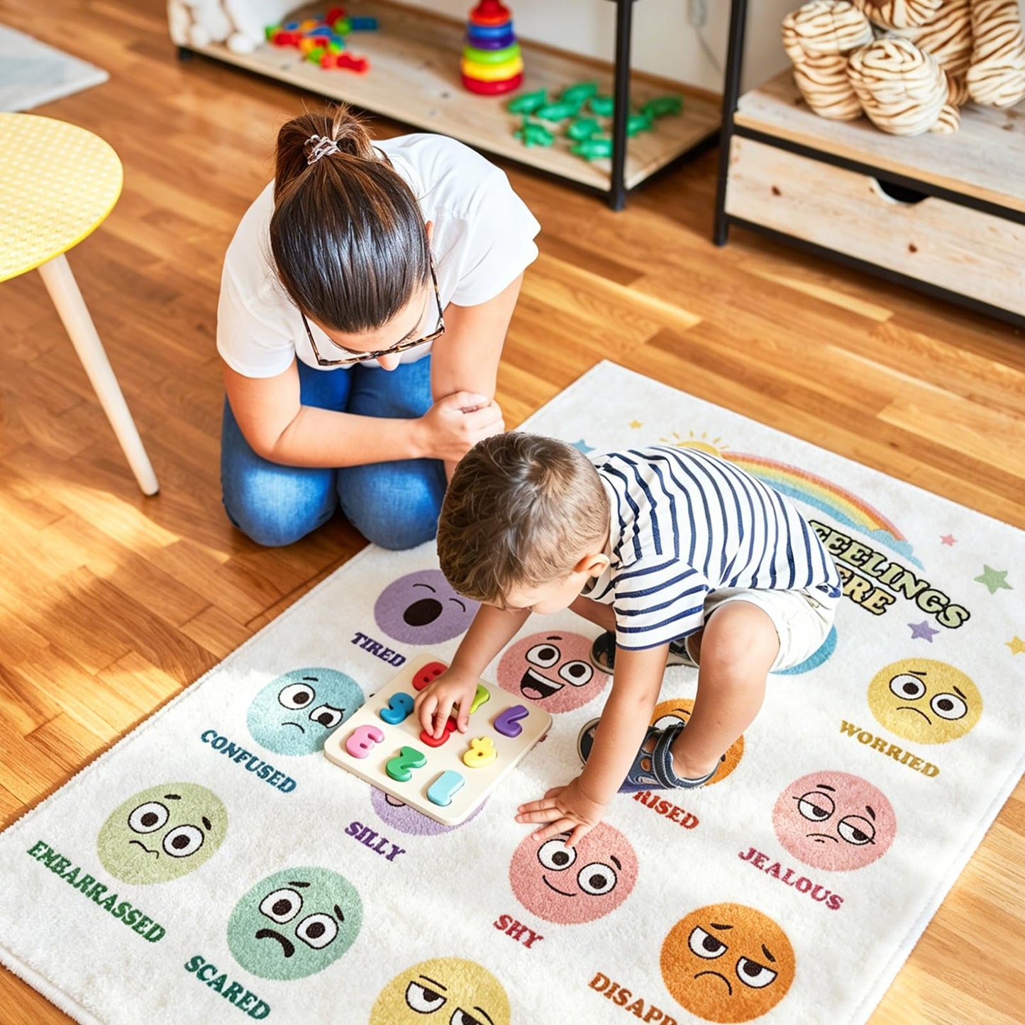 UJG 4×3.3 ft Back to School Calming Corner, Calm Down Corner, Classroom Rug, Feelings Chart Emotion Reading Rug Soft Fluffy Mental Health Floor Mat for School Living Bedroom Playroom