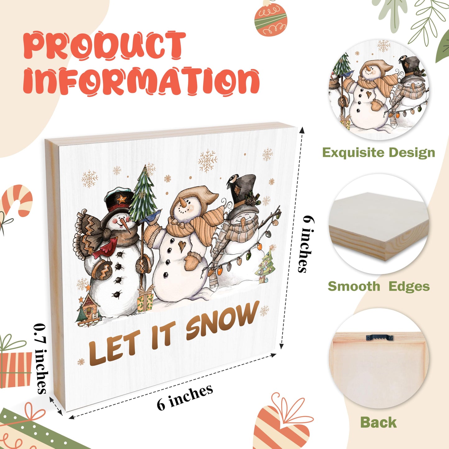 OXRUN Christmas Table Decorations, Winter Snowman Wooden Box Sign Decorative, Xmas Holiday Gifts for Women Men Home Office Shelf Decor 6 x 6 Inches - F05