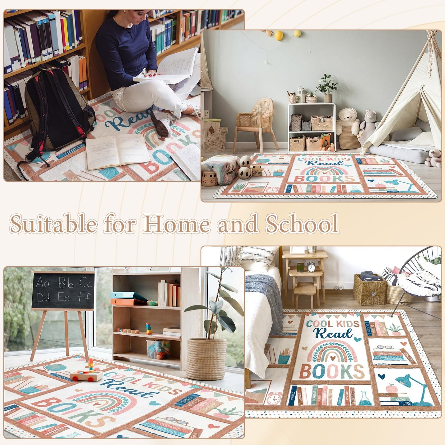 Klyyo Clyro 3.3 x 3.9 ft Boho Classroom Rug Library Reading Rug Calming Corner Mat Bookshelf Mental Health Area Washable Non Slip Soft Fluffy Carpet for School Bedroom Living Room Playroom