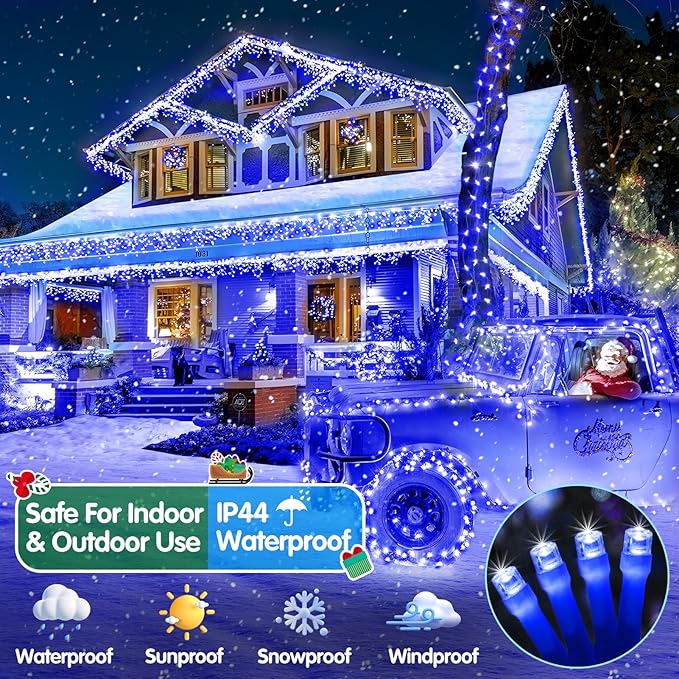 Heceltt Christmas Lights Outdoor, 522FT 1300 LED String Lights with 8 Lighting Modes, Timer Memory Twinkle Fairy Lights Waterproof Plug in for Xmas Tree Wedding Party Holiday Decor(Blue)