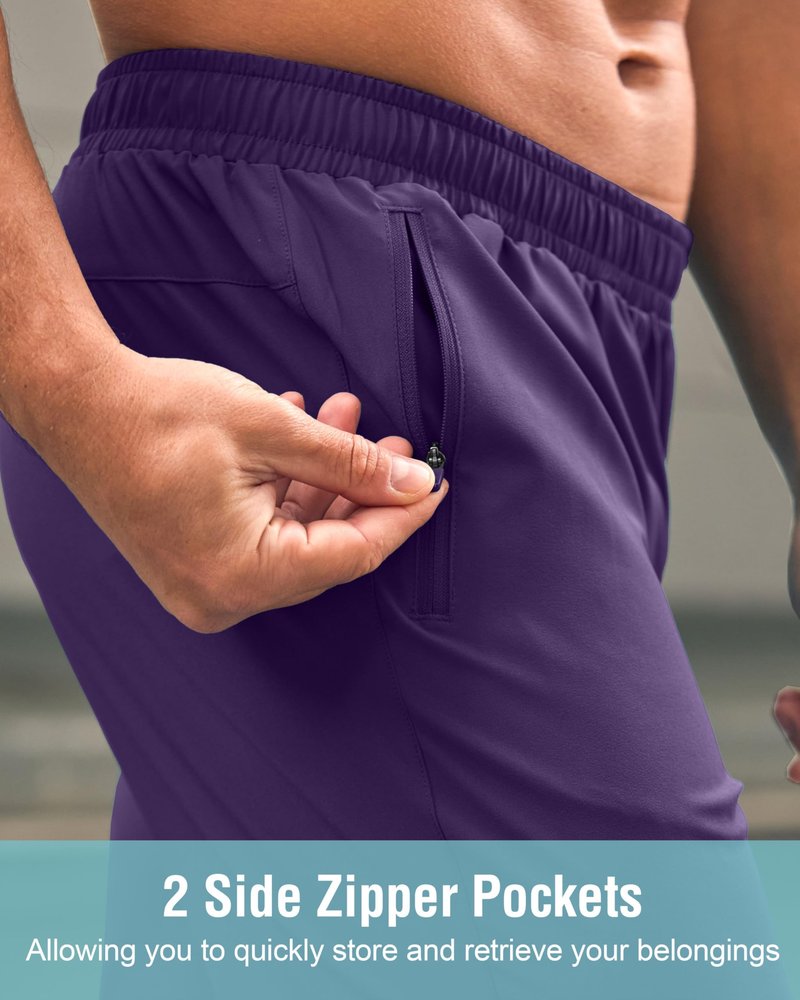 Men's Athletic Running Shorts with Zipper Pockets Quick Dry 7"/ 5"/ 9" Workout Gym Shorts for Basketball Hiking(Purple,7L)