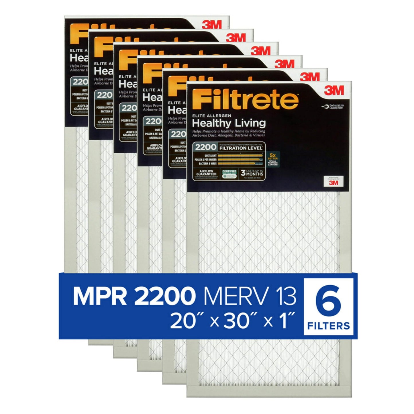 Filtrete 20x30x1 AC Furnace Air Filter, MERV 13, MPR 2200, Elite Allergen, Bacteria & Virus Filter, 3-Month Pleated 1-Inch Electrostatic Air Cleaning Filter, 6-Pack (Actual Size 19.81x29.81x0.78 in)