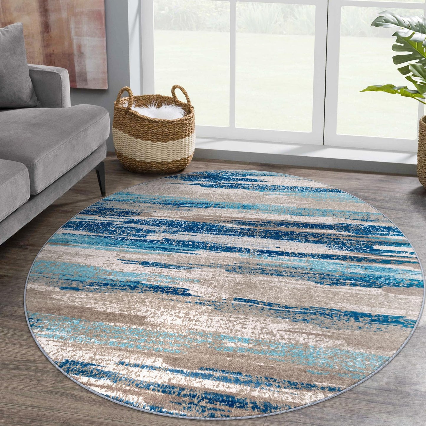 Lansny Modern Abstract Round Rug 5Ft, Blue Round Rug Washable Non-Slip Soft Small Circle Rug, Circular Dining Room Rugs Thin Print Faux Wool Carpet for Bedroom Living Room Office Playroom