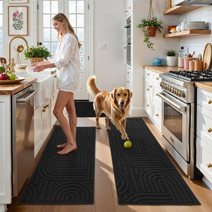 U'Artlines Kitchen Rugs and Mats Set of 3, Non Skid Washable Black Geometric Kitchen Mats for Floor, Absorbent and Stain Resistant Floor Mat for Laundry, Sink Decor 20x32+20x48+20x59