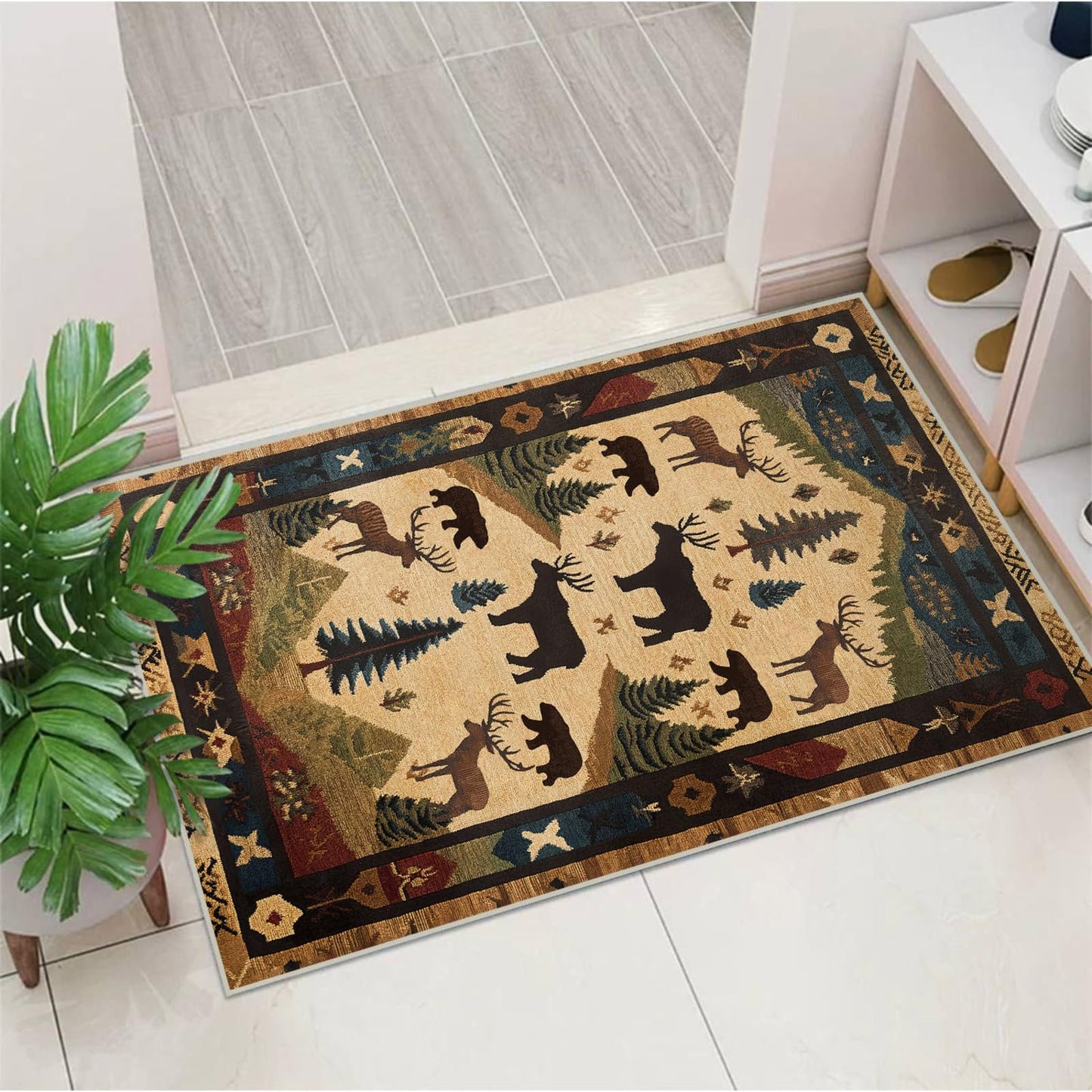 Farmhouse Cabin Area Rug Rustic Deer Bear Washable 2x3 Rugs for Living Room Bedroom Western Country Non-Slip Soft Floor Large Carpet for Office Entryway Bathroom