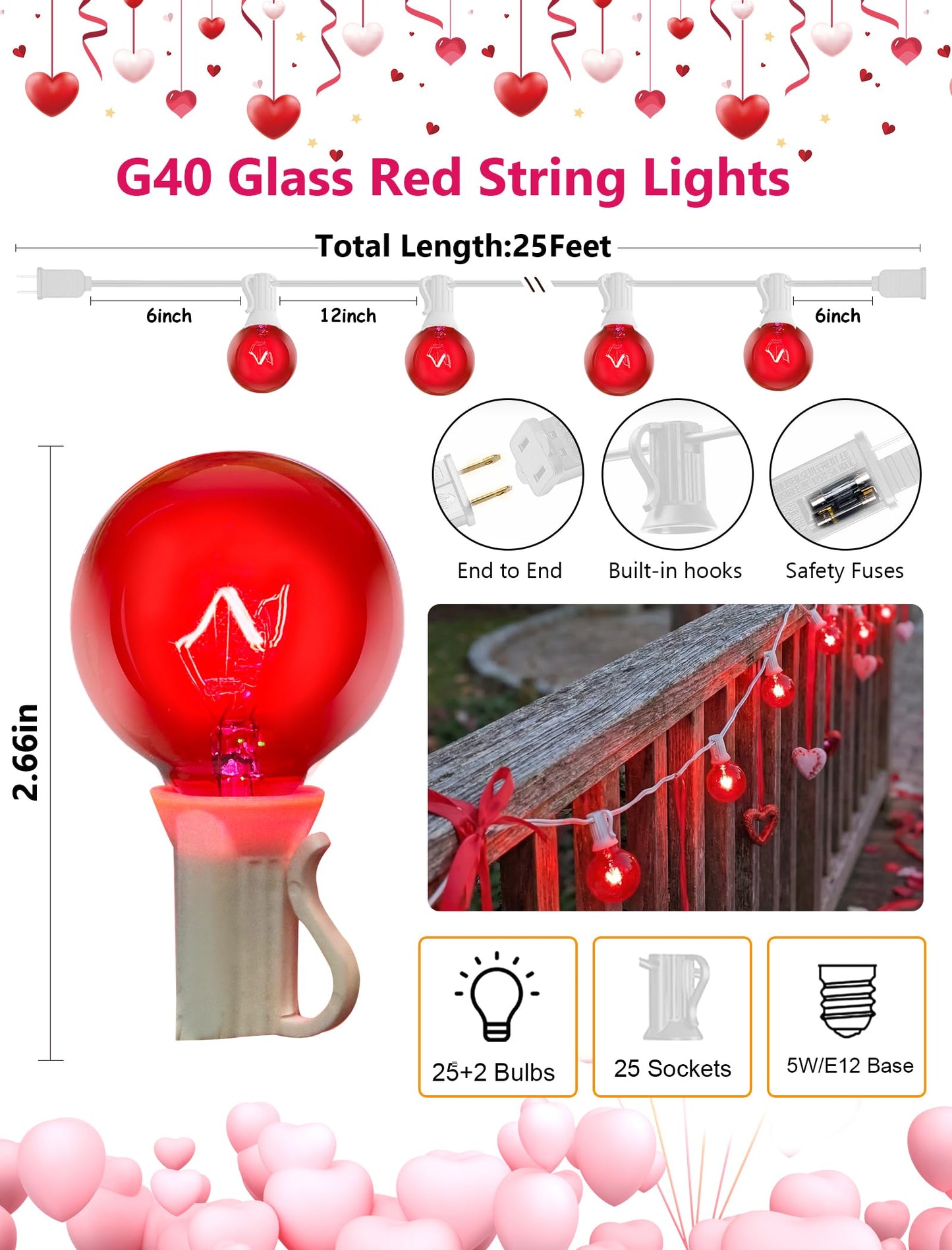 G40 Valentine’s Day Red Globe String Lights, 25Ft Outdoor Valentines Day Decorations Lights with 27 Incandescent Red Bulbs, Hanging Christmas Lights Waterproof for Patio Wedding Party Garden Balcony