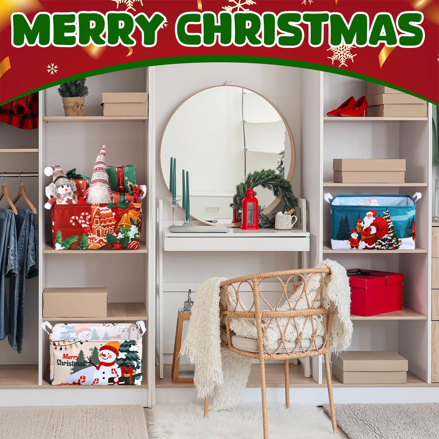 Breling 4 Pcs Christmas Storage Basket Gingerbread Man Santa Claus Snowman Basket with Handles Large Collapsible Storage Bins Boxes for Xmas Gift Laundry Shelves Home Office, 15 x 10 x 8 Inch