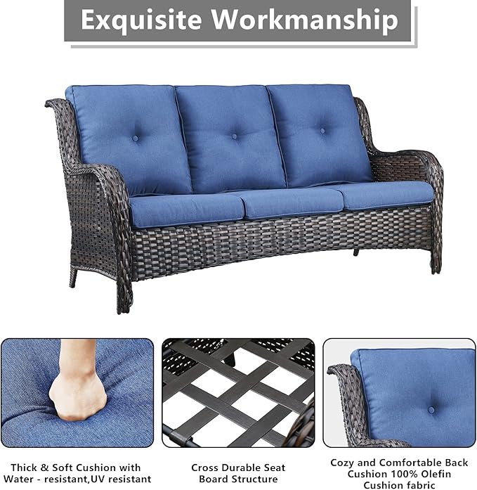 Rilyson Wicker Patio Furniture Set - 7 Piece Rattan Outdoor Sectional Conversation Sets with 2 Rocking Swivel Chairs,2 Ottomans,2 Sofa and 1 Coffee Table for Porch Deck Garden(Brown/Blue)