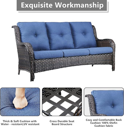 Rilyson Wicker Patio Furniture Set - 5 Piece Rattan Outdoor Sectional Conversation Sets with 2 Rocking Swivel Chairs,2 Ottomans and 1 Sofa for Porch Deck Garden(Brown/Blue)