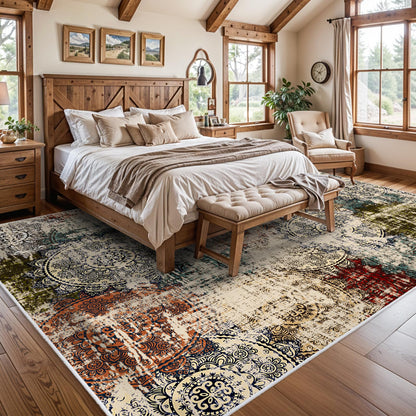 BYYVVO 9x12 Living Room Area Rugs - Washable Abstract Large Rug Ultra Soft Non-Slip Carpets for Bedroom Stain Resistant Low Pile Carpet Indoor Home Decor Mat 9x12 Red Green Multi