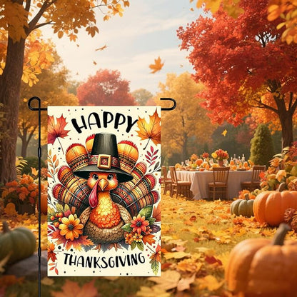 Thanksgiving Garden Flag 12x18 Inch Double Sided Turkey Flags Happy Fall Pumpkin Leaves Acorn Small Yard Flag Autumn Harvest Decoration for Outdoor Porch Lawn Holiday Seasonal Display