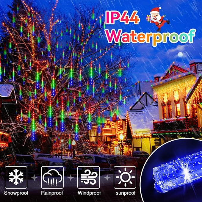 KNONEW Christmas Lights Outdoor, 15 inch 24 Tubes 672 LED Meteor Shower Lights Plug in Waterproof Falling Rain Light for Xmas Tree Wedding Party Garden Holiday Rooftop Decorations (Multicolor)