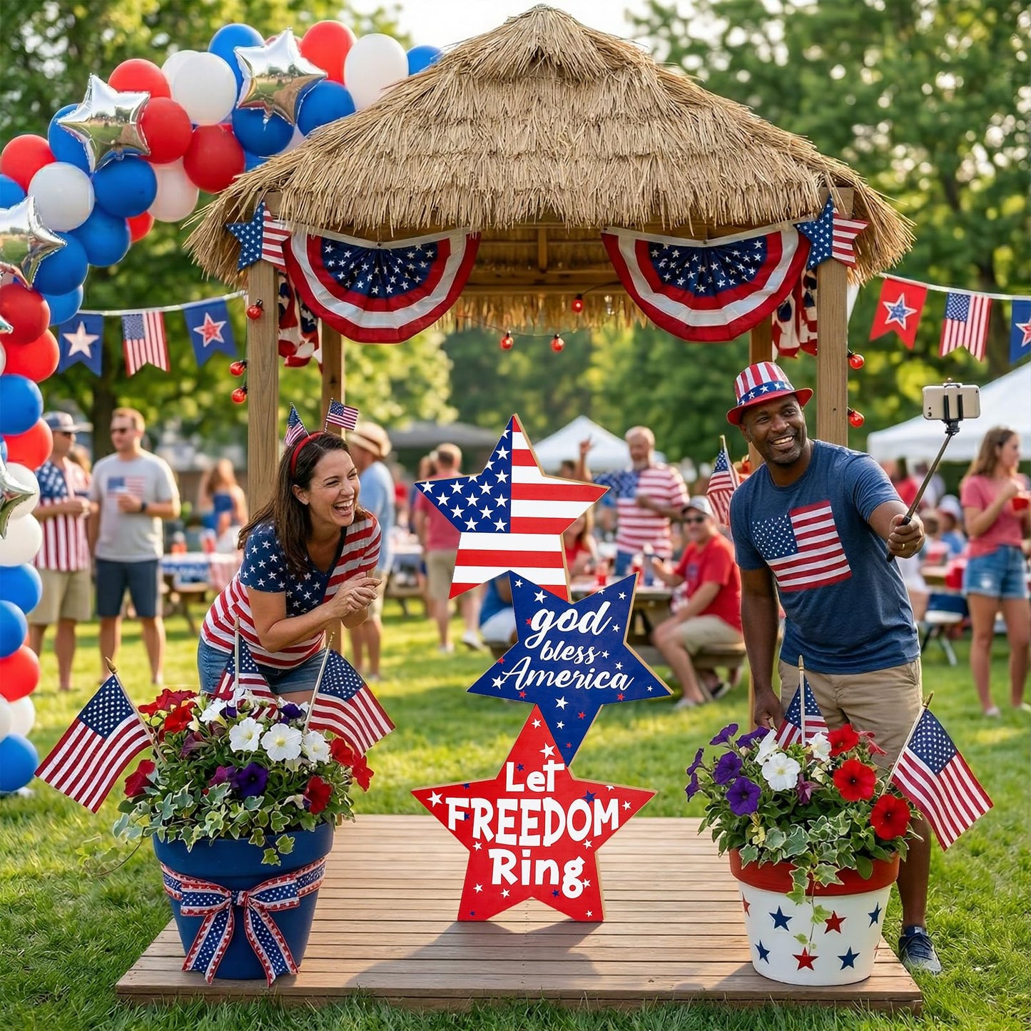 LawnIdyll 4th of July Large Wooden Star Porch Sign, Independence Day Standing Decoration God Bless America Star Shape Sign for Patriotic 250 Anniversary Red White Blue Outdoor Indoor Yard Front Door