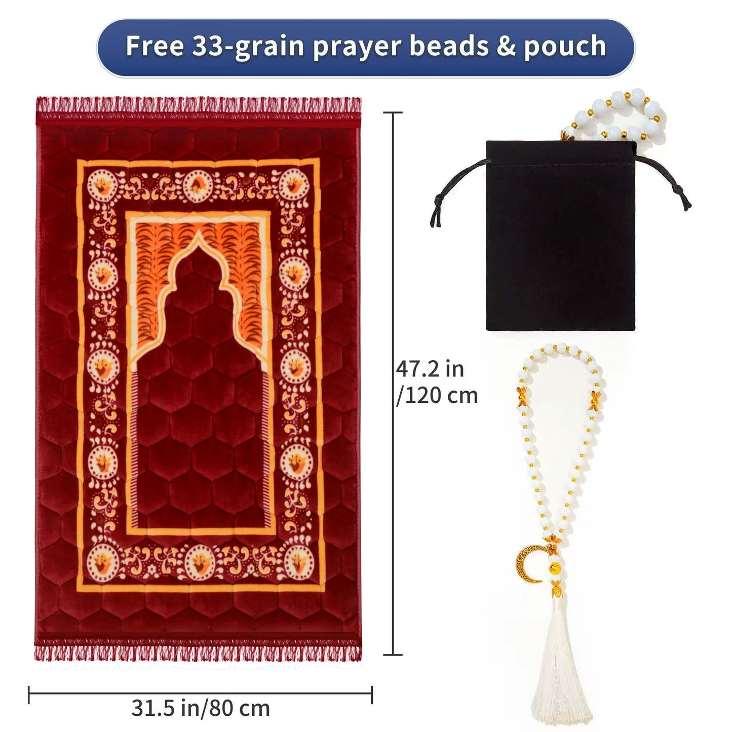 YAZEIN Prayer Rug Muslim Mat Islamic - Padded Very Thick Prayer Rug Sajadah for Men Women with Islam Prayer Beads, Soft and Luxury (31.5" x 47.2") (Red)