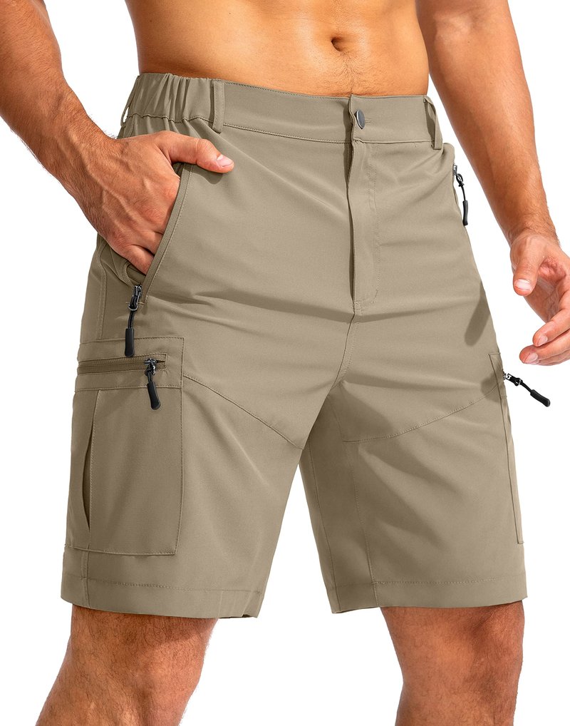 Pudolla Men's Hiking Cargo Shorts 9" Lightweight Outdoor Work Shorts for Men Travel Golf Camping Casual with 5 Zipper Pockets(Dusty Khaki Small)