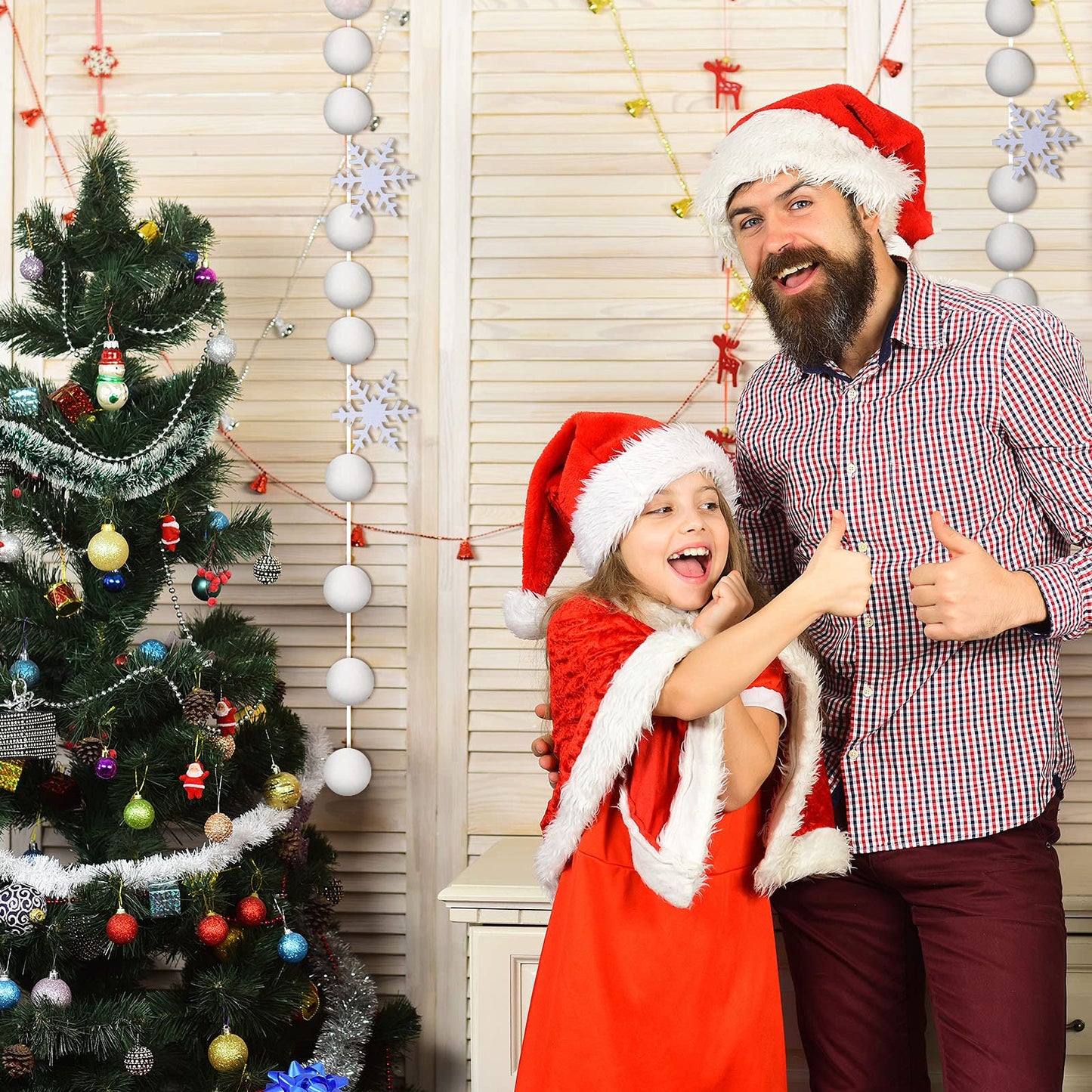 Tegeme 2 Pcs 13.2ft White Felt Pom Pom Garland Christmas Tree Decorations Cute Winter Snowball Snowflake Ornaments Hanging String Pompom Snowball Beads Xmas Holiday Birthday Party Banners